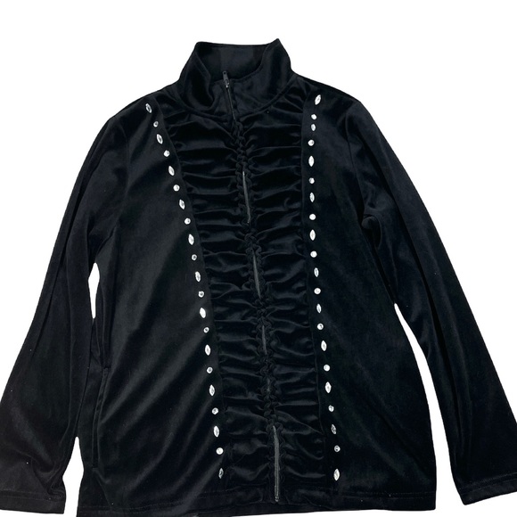 Sag Harbor Lightweight Black Velvet-like Jacket with Rhinestone Decoration